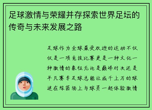 足球激情与荣耀并存探索世界足坛的传奇与未来发展之路