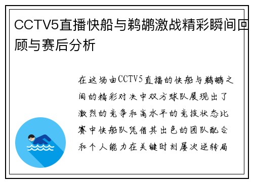 CCTV5直播快船与鹈鹕激战精彩瞬间回顾与赛后分析